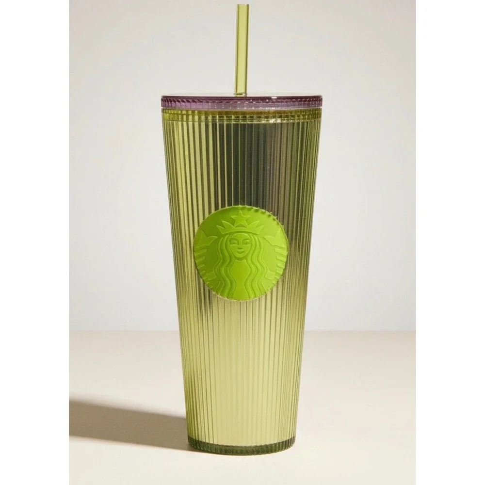 Starbucks 24oz Venti Lime Green Iridescent Pleated Cold Cup Tumbler‎ Purple Lid